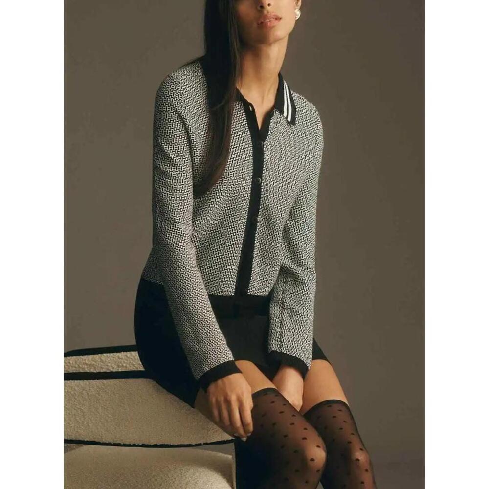 Maeve plunging polo cardigan sweater black white sz XS collar